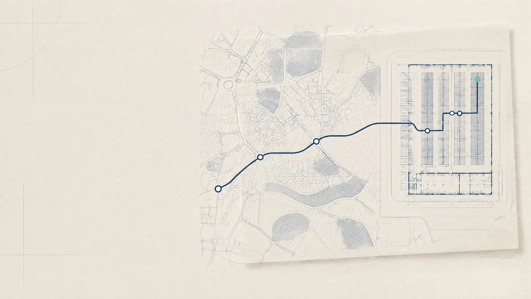 A city road network leading into a warehouse plan, with a route drawn on a translucent sheet