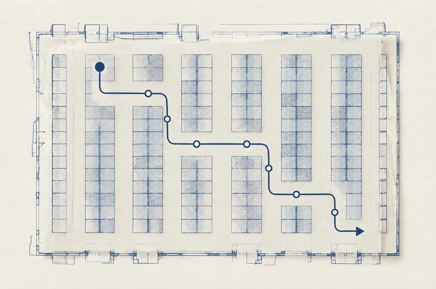 A warehouse plan with the shortest pick path drawn on a translucent sheet